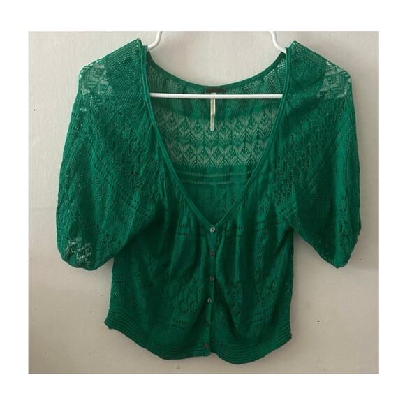 Free People Green cable knit button down blouse size small layering  fairycore - Picture 5 of 5